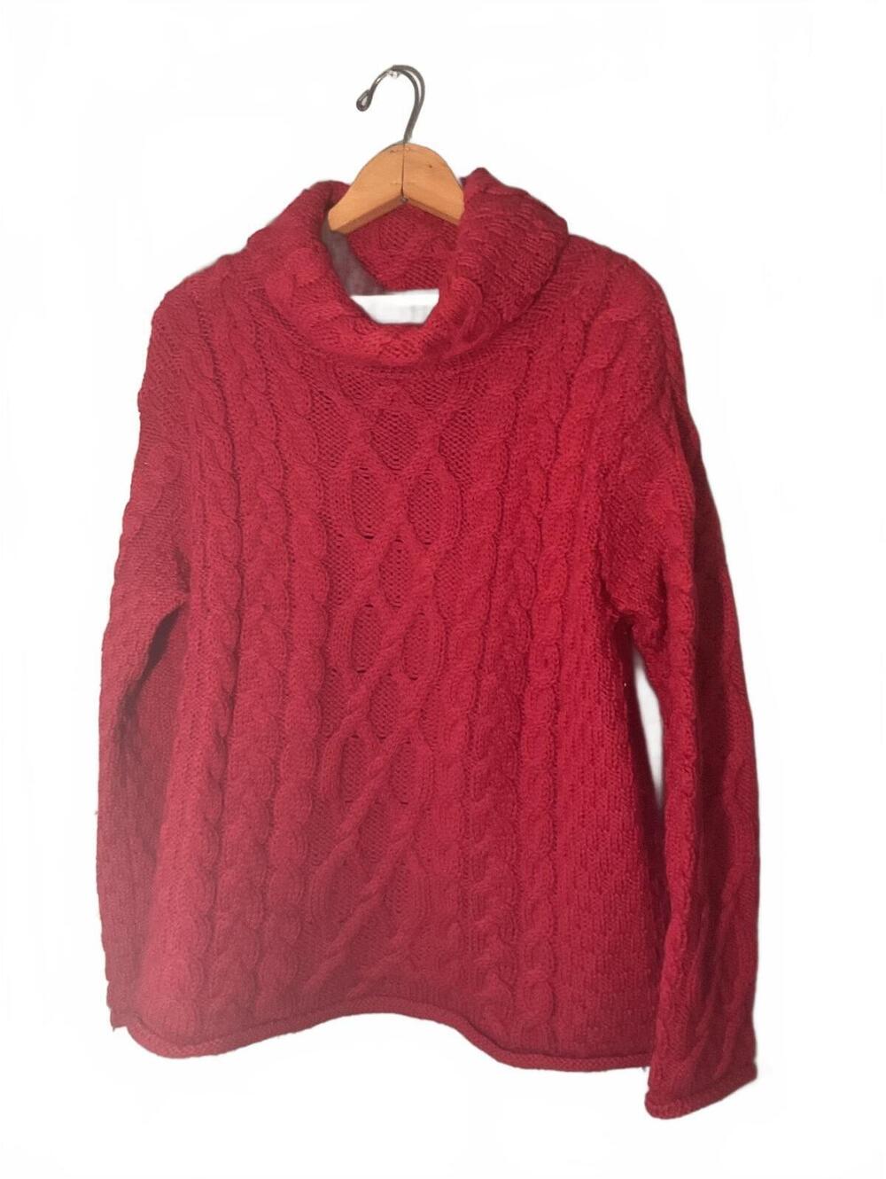 Inis Crafts Red Merino Wool Cable Knit Pullover Sweater Size L
